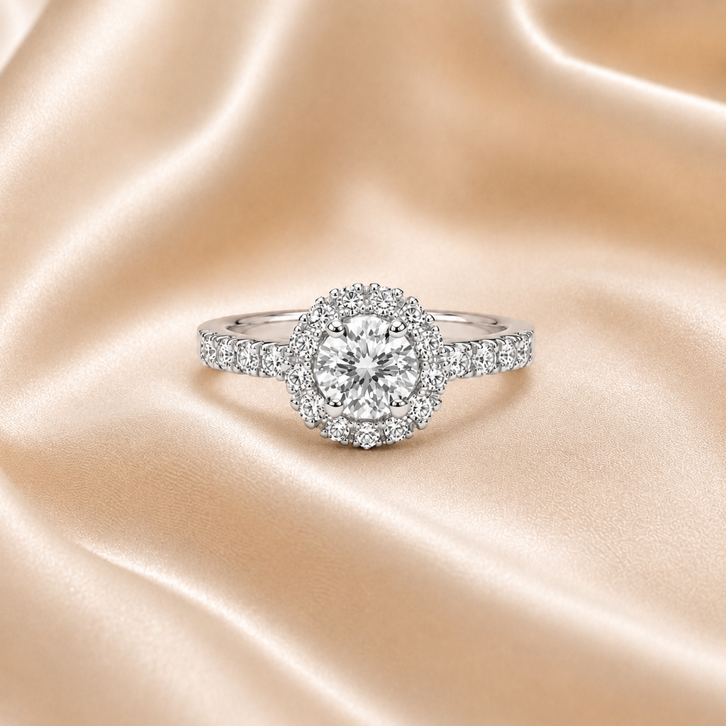 Anillo Halo Redondo Oro Blanco y Diamantes