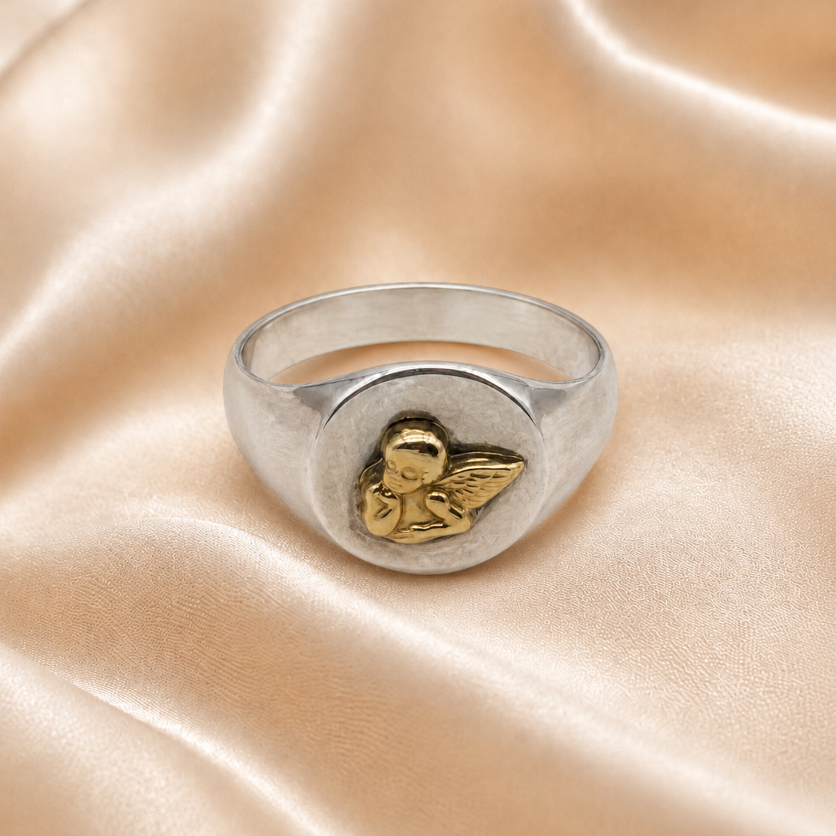 Anillo Sello Ángel Oro en plata