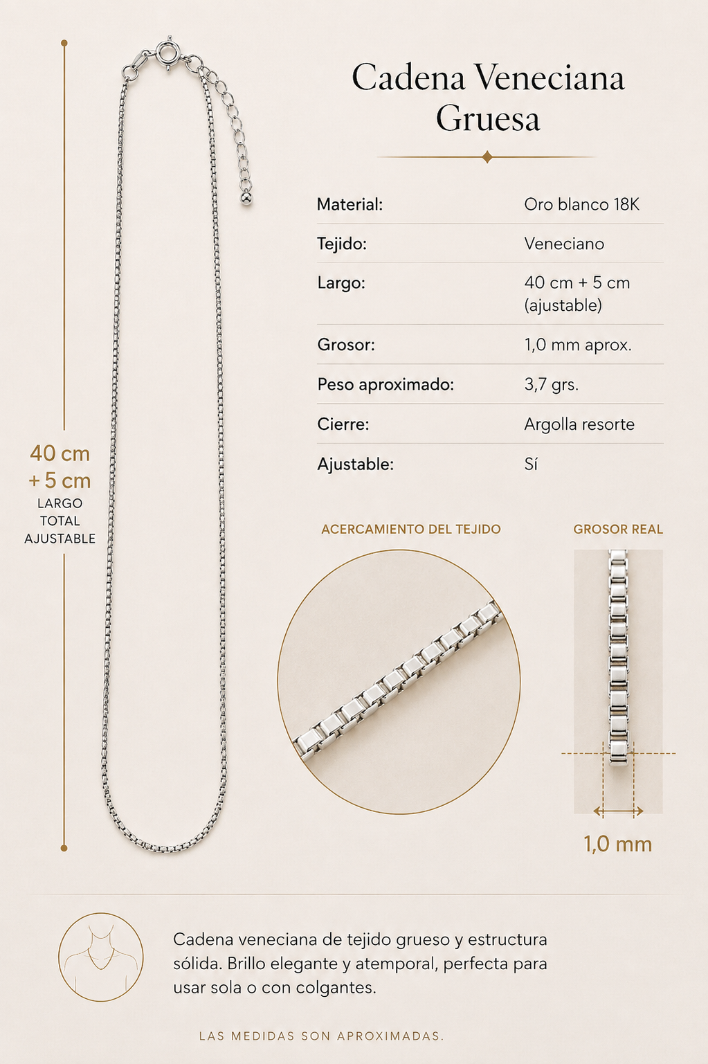 Cadena Veneciana Oro Blanco Ajustable
