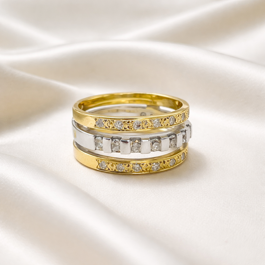 Anillo triple mixto oro blanco y amarillo con diamantes