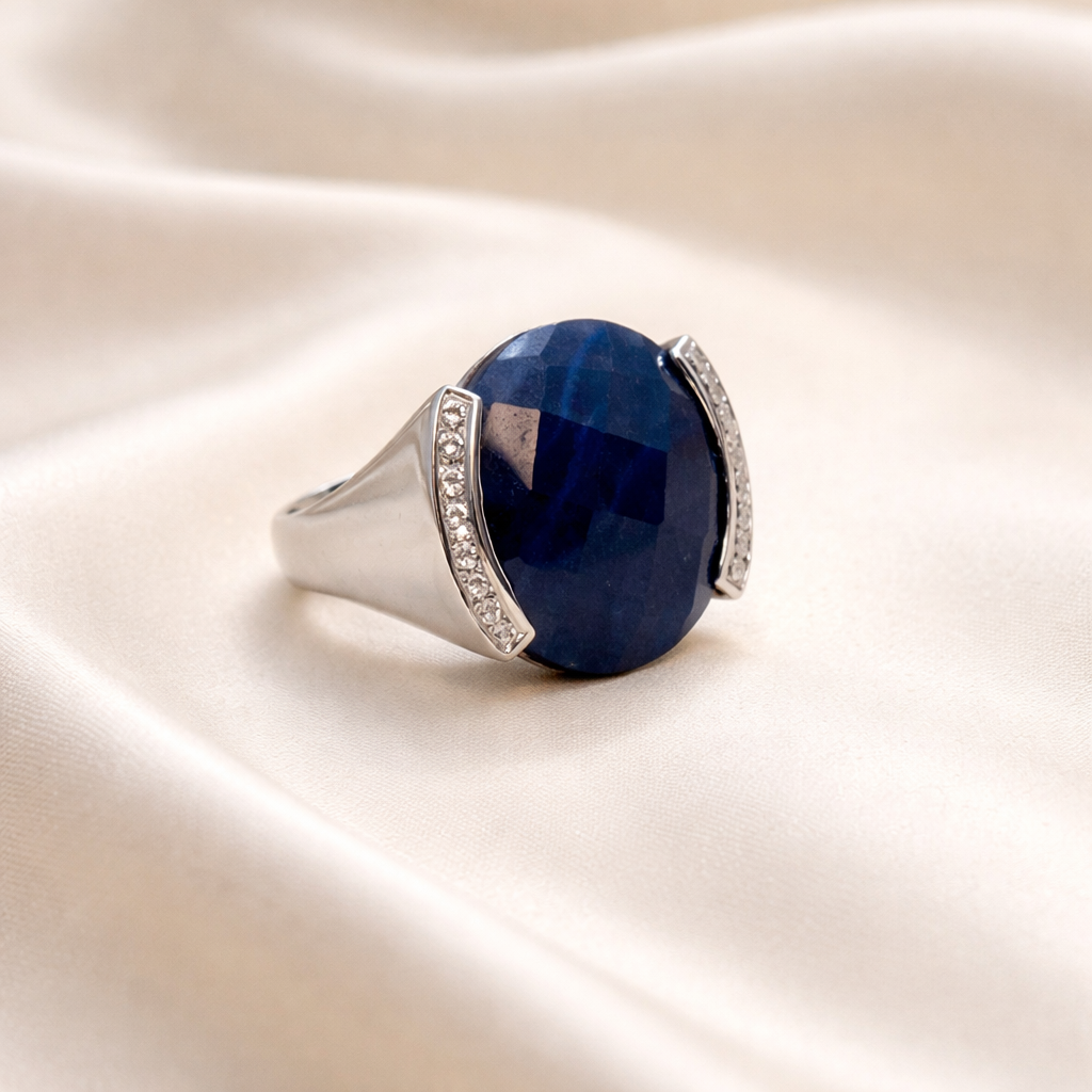 Anillo Tensión Raíz de Zafiro y Brillantes en Oro Blanco Paladio