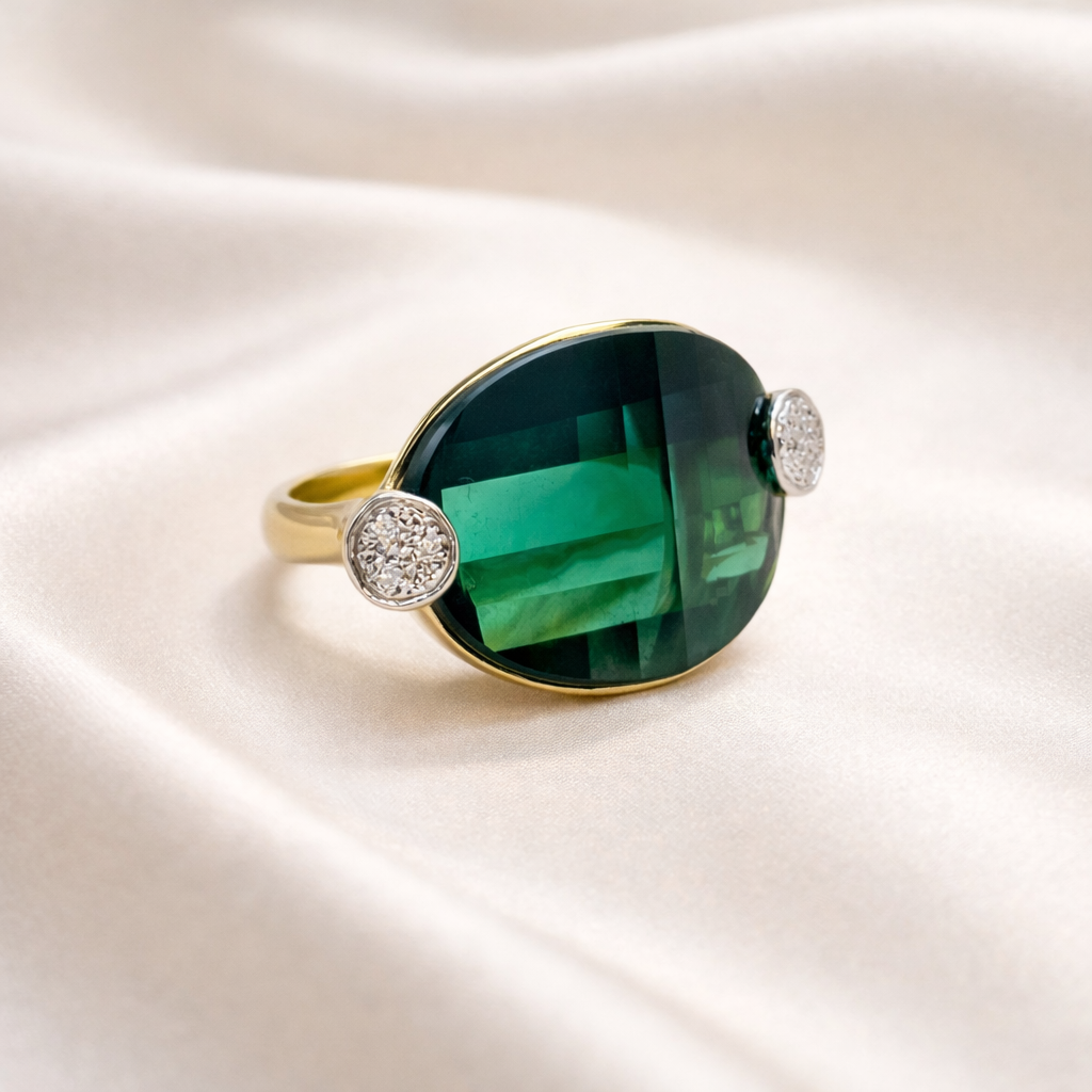 Anillo Tensión Topacio Verde y Brillantes en Oro Amarillo 18k