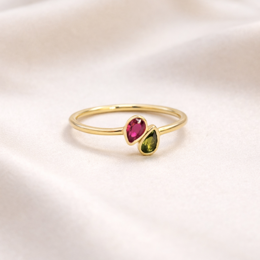 Anillo Doble Gota de Color en Oro 18k