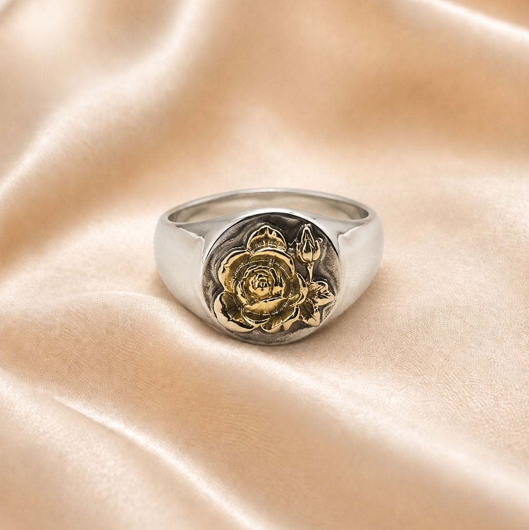 Anillo Sello Rosa Oro en plata
