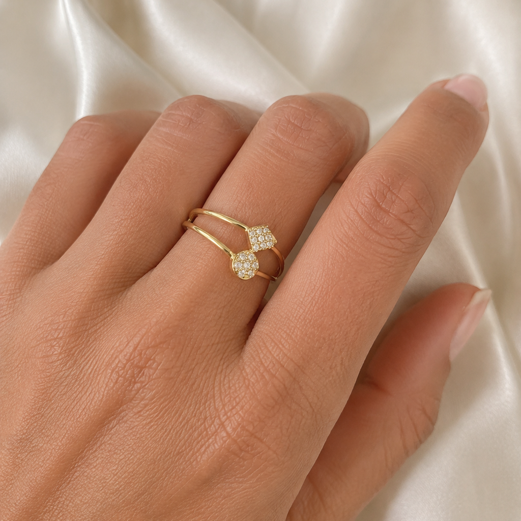 Anillo Forma Doble Oro 18k Piedra de Zirconia