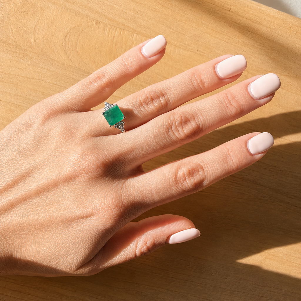 Anillo Esmeralda y Diamantes en Oro Blanco Paladio 18kt