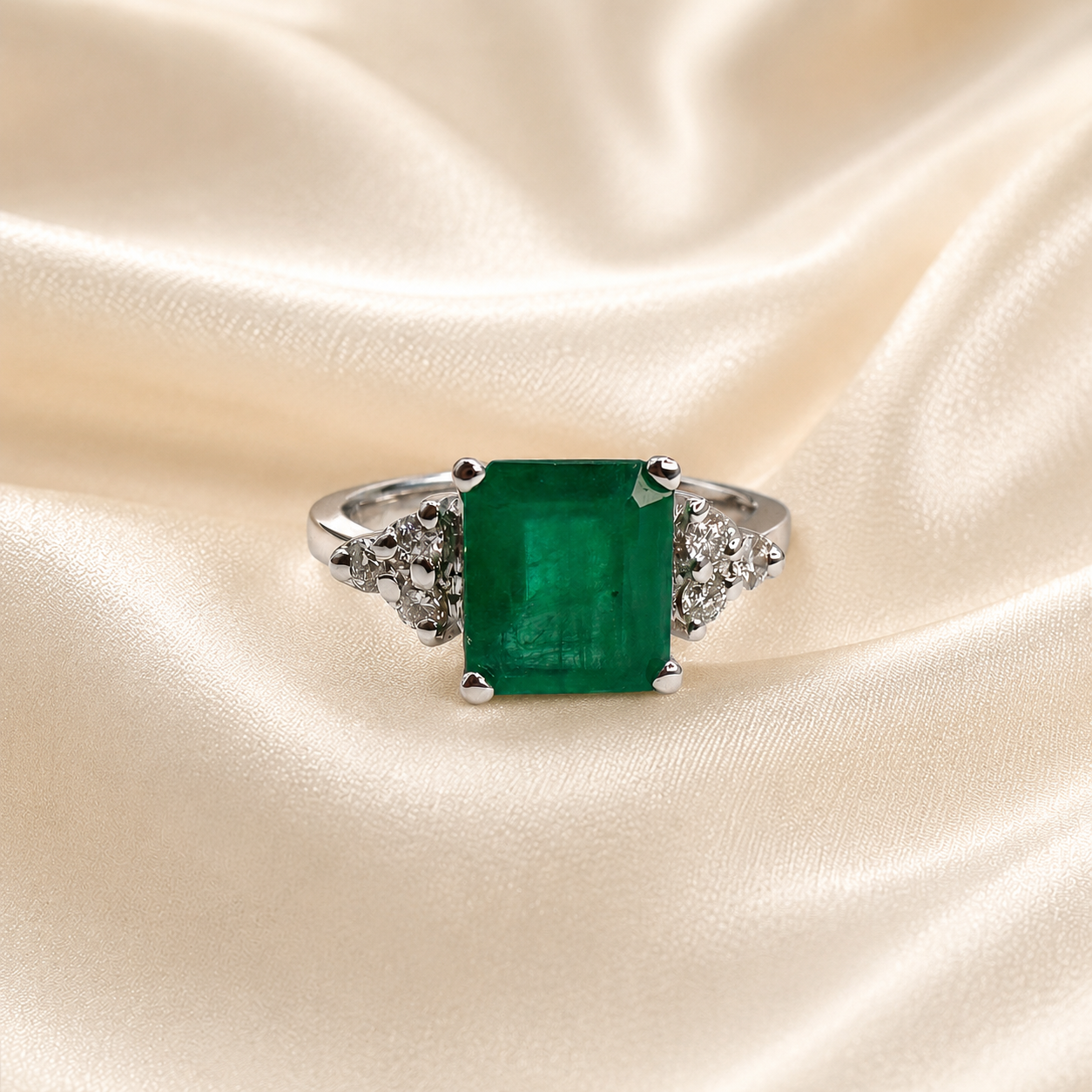 Anillo Esmeralda y Diamantes en Oro Blanco Paladio 18kt